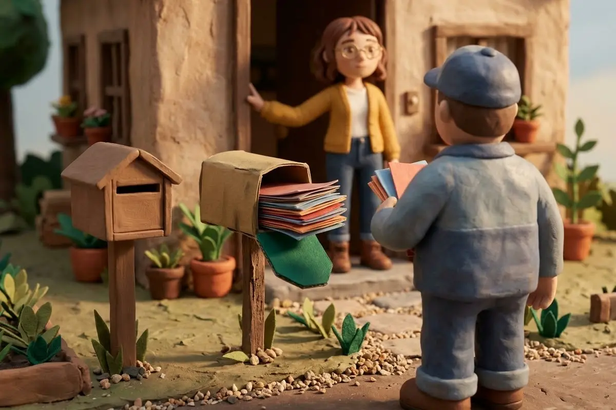 Ein Briefträger stopft Werbung in einen Pappbriefkasten, Lenas echter Briefkasten bleibt leer